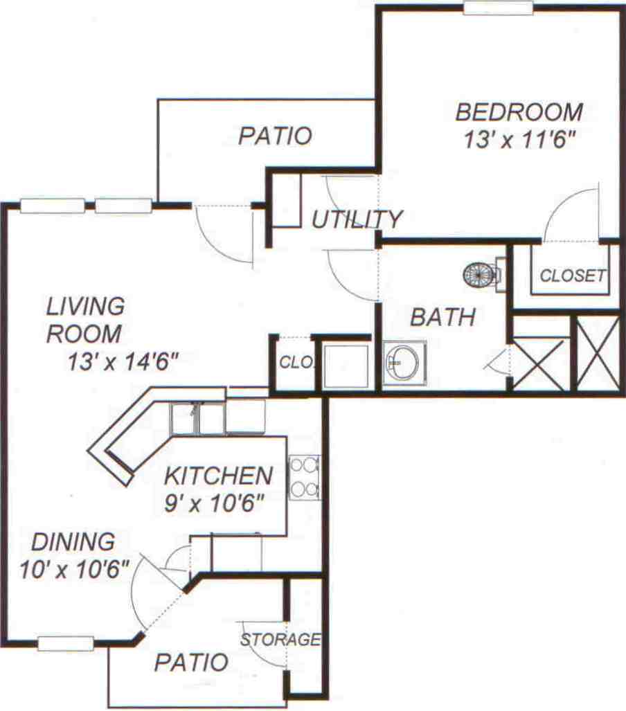 Floor plan for 1 bed, 1 bath, 808 sqft